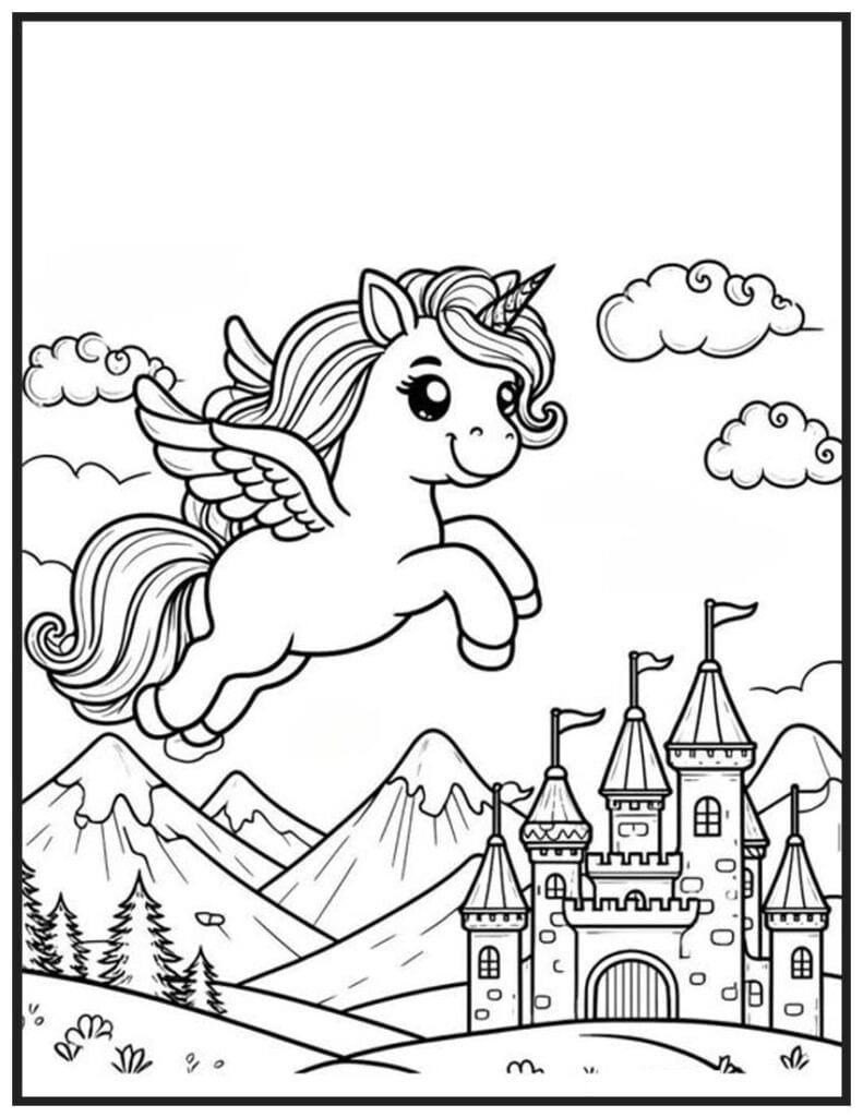 Unicorn Flying over the Castle